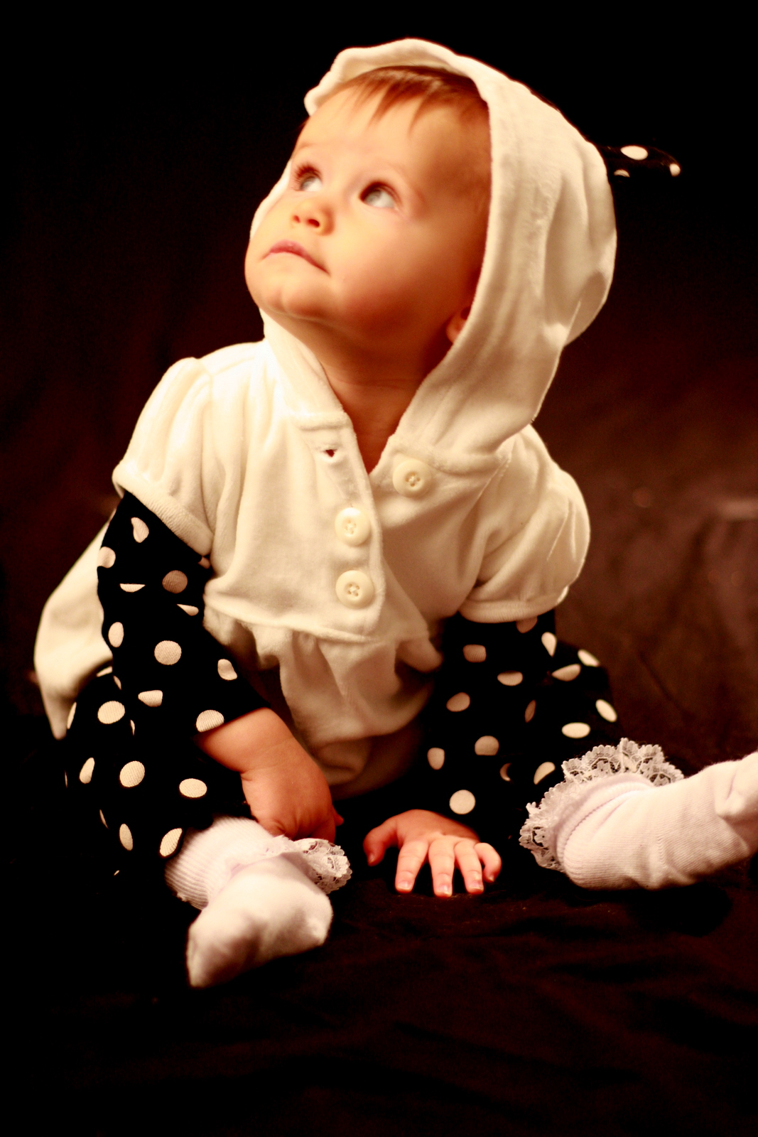 looking up, bear outfit